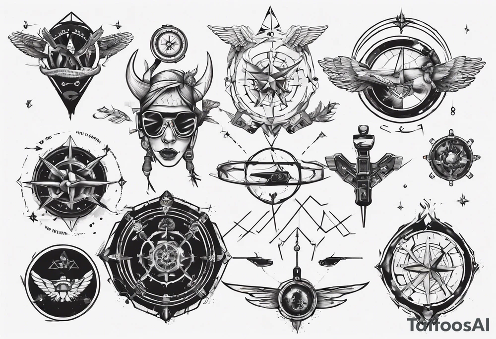 wonderlust with compass and skydiving and guns tattoo idea