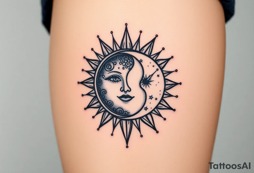 celestial sun and moon embrace with constellation patterns tattoo idea
