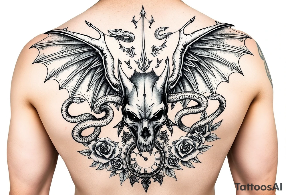 highly designed dragons wings intertwined with snakes down arms connected to a wolf head and skull going down back with Latin words surrounding and a clock and many roses all around tattoo idea