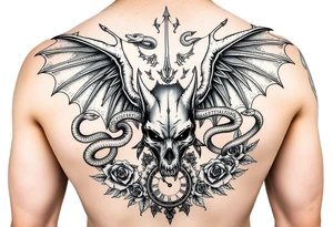 highly designed dragons wings intertwined with snakes down arms connected to a wolf head and skull going down back with Latin words surrounding and a clock and many roses all around tattoo idea