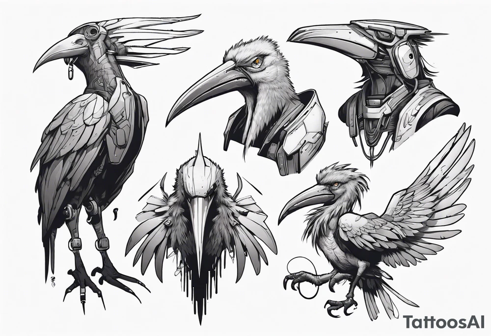 Shoebill with cyberpunk beak and wings tattoo idea
