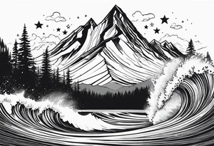 a rhombus shape. Crashing wave at the front. snow-capped mountain at the back. Pine trees to the side. 3 stars in the sky tattoo idea