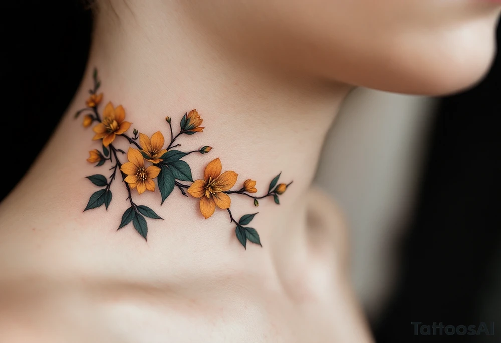 Two separate collarbone tattoos of long branches covered with orange, yellow and dark forest green leaves and flowers, academia, witchy, muted, delicate and gentle but moody, following the collarbone. More muted, not so bright, darker colors. Fewer amount of leaves, larger leaves. Less flowers and leaves. tattoo idea