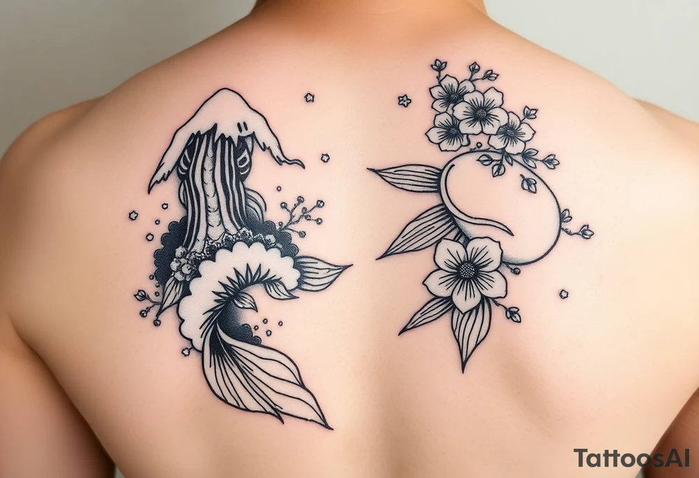 I would make one koi fish with waves, cliffs and sakura Japanese style tattoo idea