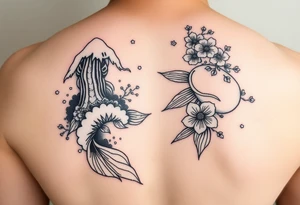 I would make one koi fish with waves, cliffs and sakura Japanese style tattoo idea