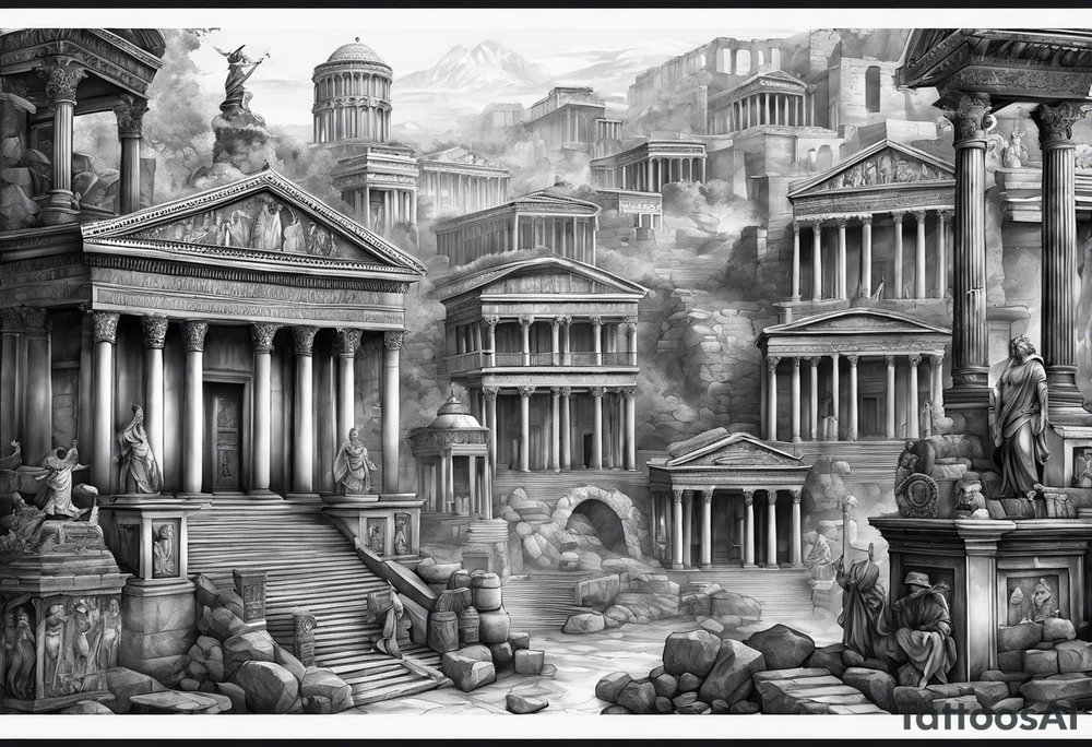 A full sleeve of Roman objects, buildings, and warriors tattoo idea