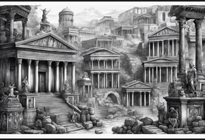 A full sleeve of Roman objects, buildings, and warriors tattoo idea