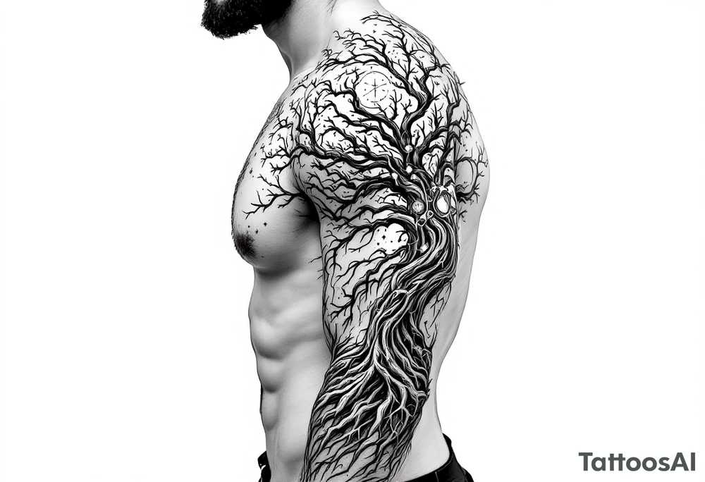 mystical tree of life with cosmic roots and celestial branches tattoo idea