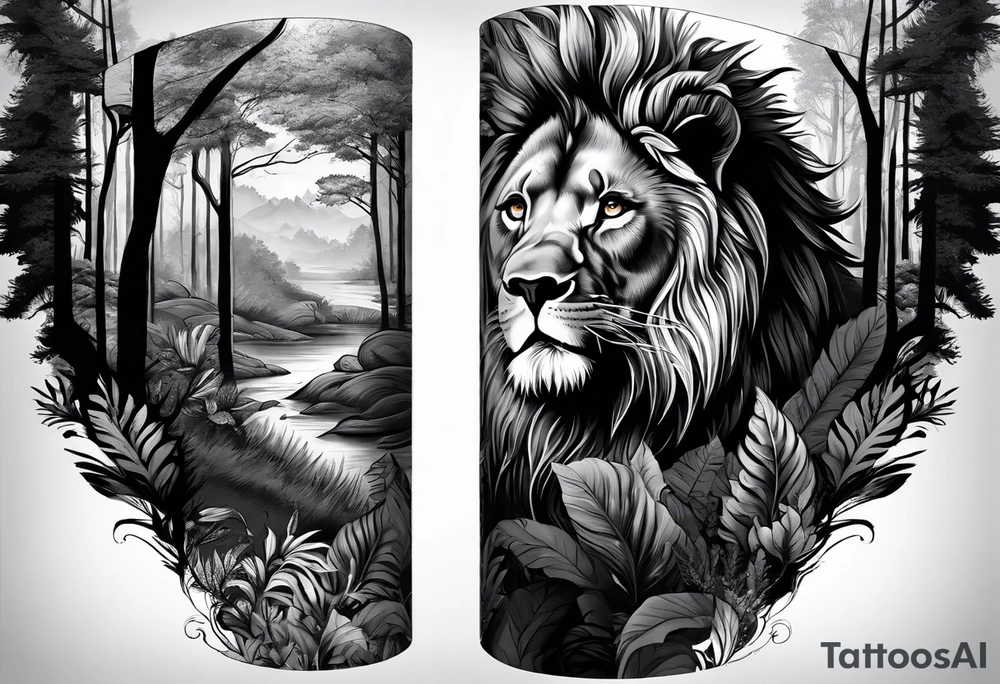black and gray forearm sleeve tattoo where a lion is looking back as it is entering a forest tattoo idea