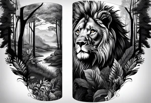 black and gray forearm sleeve tattoo where a lion is looking back as it is entering a forest tattoo idea