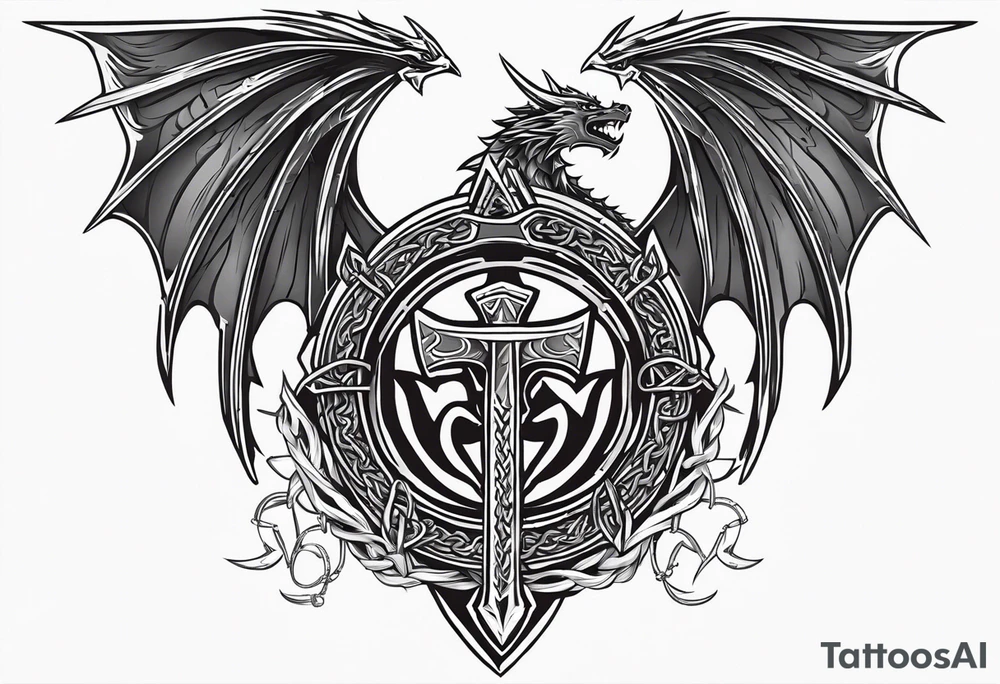 Valhalla sword shield dragon axe Valknut barbed wire chains fire tattoo idea Valhalla sword shield dragon axe Valknut barbed wire chains fire tattoo idea