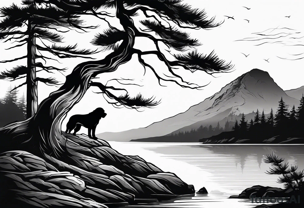 Sleeve tattoo windswept pine tree before lake with low cliff face on another side of lake. Mastiff silhouette in the foreground. with a dock coming out from the shore tattoo idea