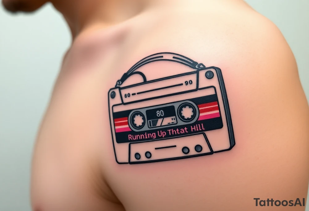 Right outer male calve

Stranger things tattoo
Upside down colors
80s Cassette player with 80s style headphones and a Kate bush running up that hill tape tattoo idea