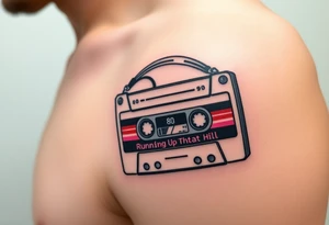 Right outer male calve

Stranger things tattoo
Upside down colors
80s Cassette player with 80s style headphones and a Kate bush running up that hill tape tattoo idea