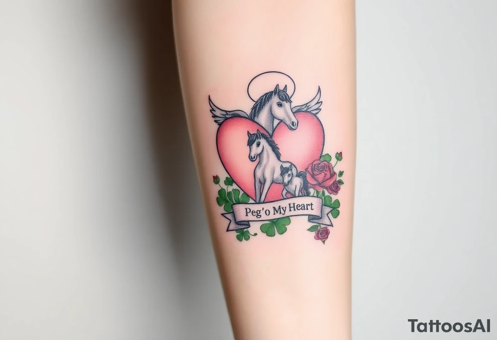 a big pale pink heart and a mare with wings and a halo and a colt in a huge patch of green shamrocks, and red roses with a banner across the heart that says Peg 'o My Heart tattoo idea