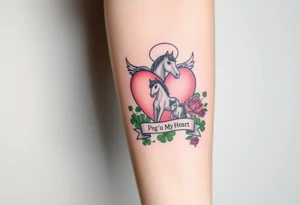 a big pale pink heart and a mare with wings and a halo and a colt in a huge patch of green shamrocks, and red roses with a banner across the heart that says Peg 'o My Heart tattoo idea
