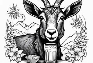 A sketch of a goat drinking a margarita tattoo idea