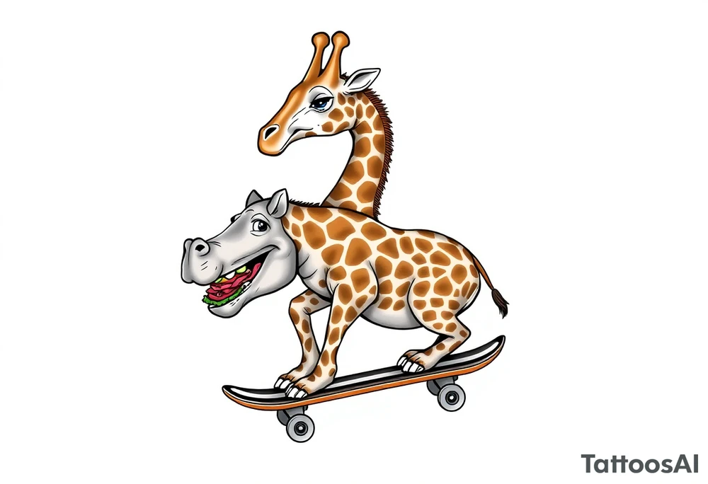 Majestic giraffe riding a skateboard and eating a hippo sandwich do not combine the animals tattoo idea