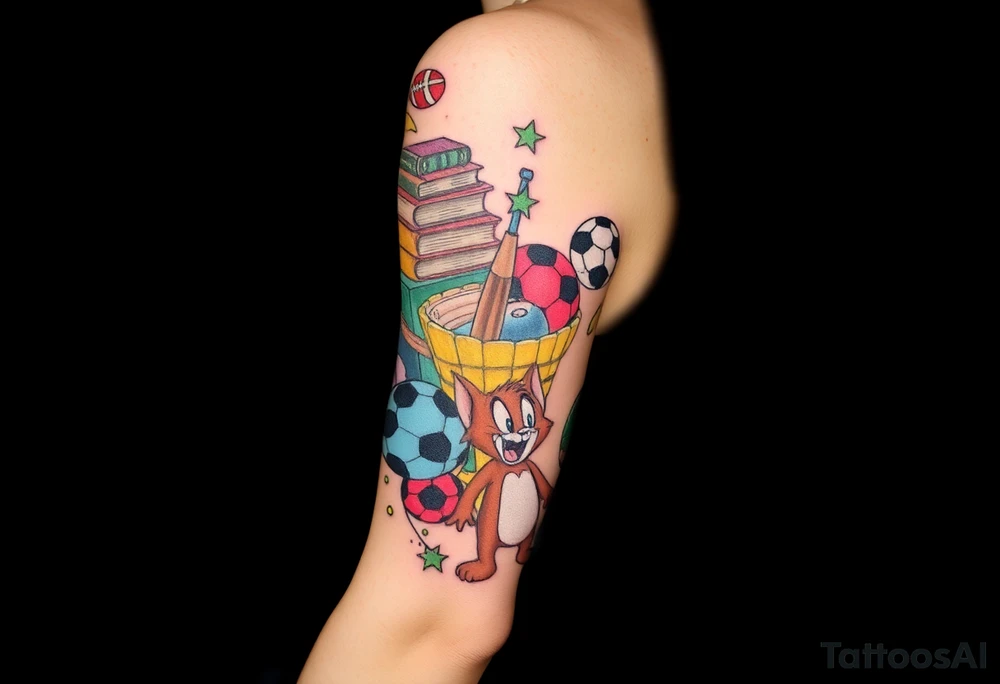 Childhood memories of a small pile of books, a bucket and spade, a football, a cricket bat, a cartoon of Tom from Tom and Jerry tattoo idea