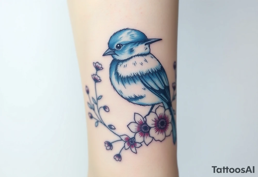 Puffy bluebird surrounded by wild flowers tattoo idea