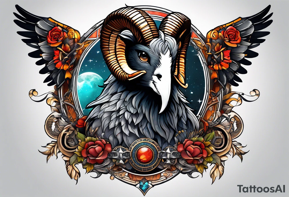 A tattoo with a Aries Ram, A Peregrine Falcon and a Rat. in astrological design tattoo idea