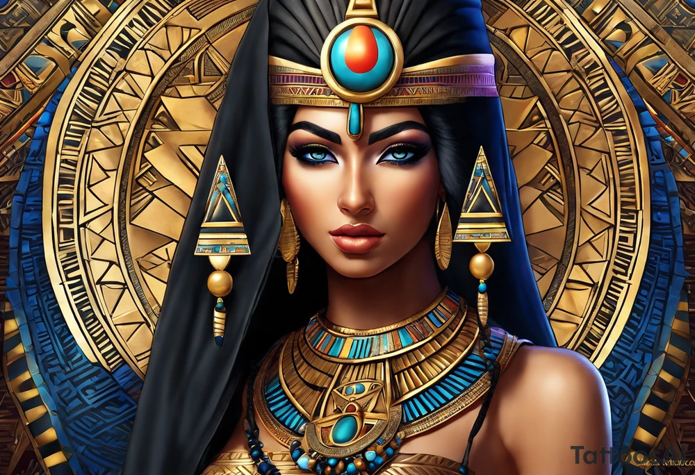 Egyptian figure girl. The figure should be full, with legs, featuring a regal headdress and detailed facial markings reminiscent of ancient Egyptian art. Include mystical and symbolic elements such as the Eye of Horus and ankh, blending subtly with geometric background patterns. 
Hyperrealism tattoo idea
