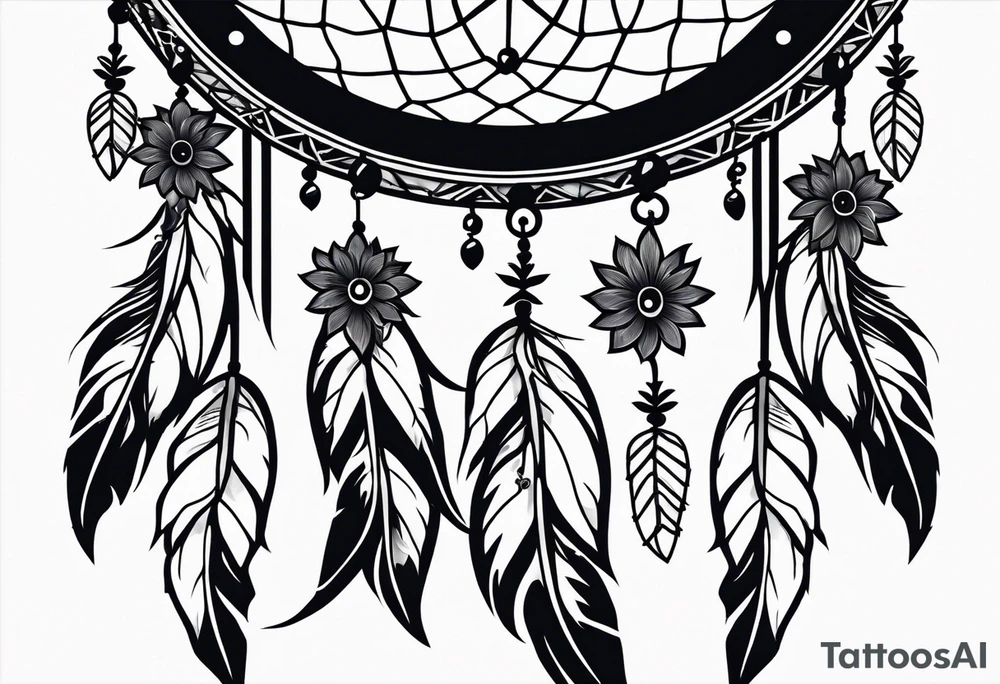 Dream catcher with black flowers and skulls tattoo idea