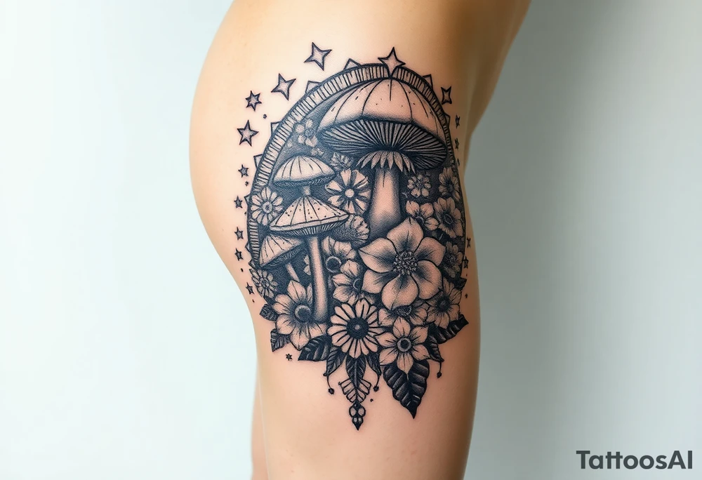 Could you possible make me a cool nature tattoo with mushrooms crystals  flowers mandala boho but colorful and psychedelic colorful too that would wrap from front of hip around side to mid back to cover an existing one I have incorporating the stars I have already and only covering some going with shape of curves of female body wrapping from front of hip around side to back tattoo idea