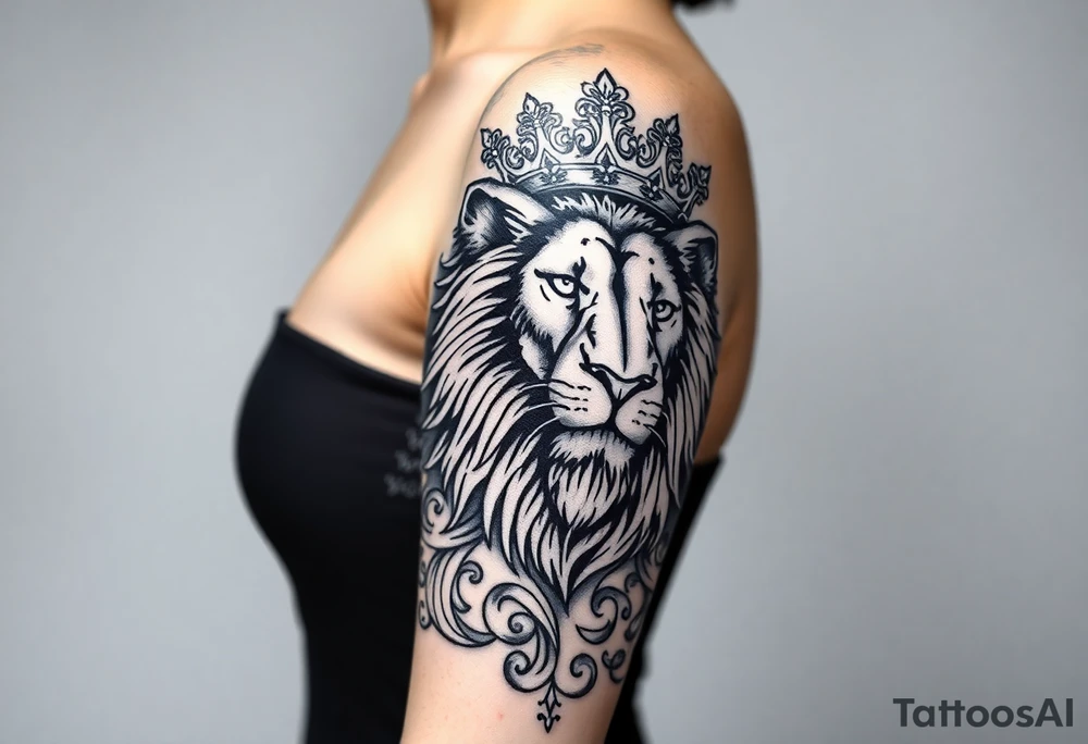 majestic lion wearing ornate crown, surrounded by baroque flourishes tattoo idea