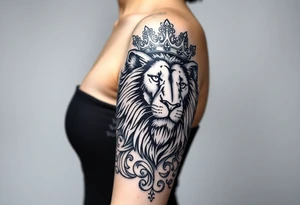 majestic lion wearing ornate crown, surrounded by baroque flourishes tattoo idea