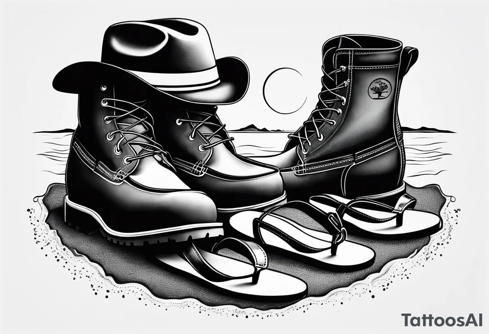 Keep it simple. A pair of timberland boots next to two flip flops and a cowboyhat on the Beach. tattoo idea