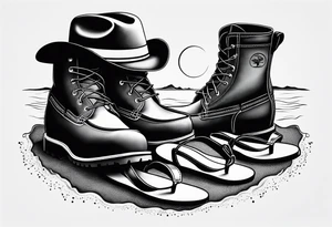 Keep it simple. A pair of timberland boots next to two flip flops and a cowboyhat on the Beach. tattoo idea