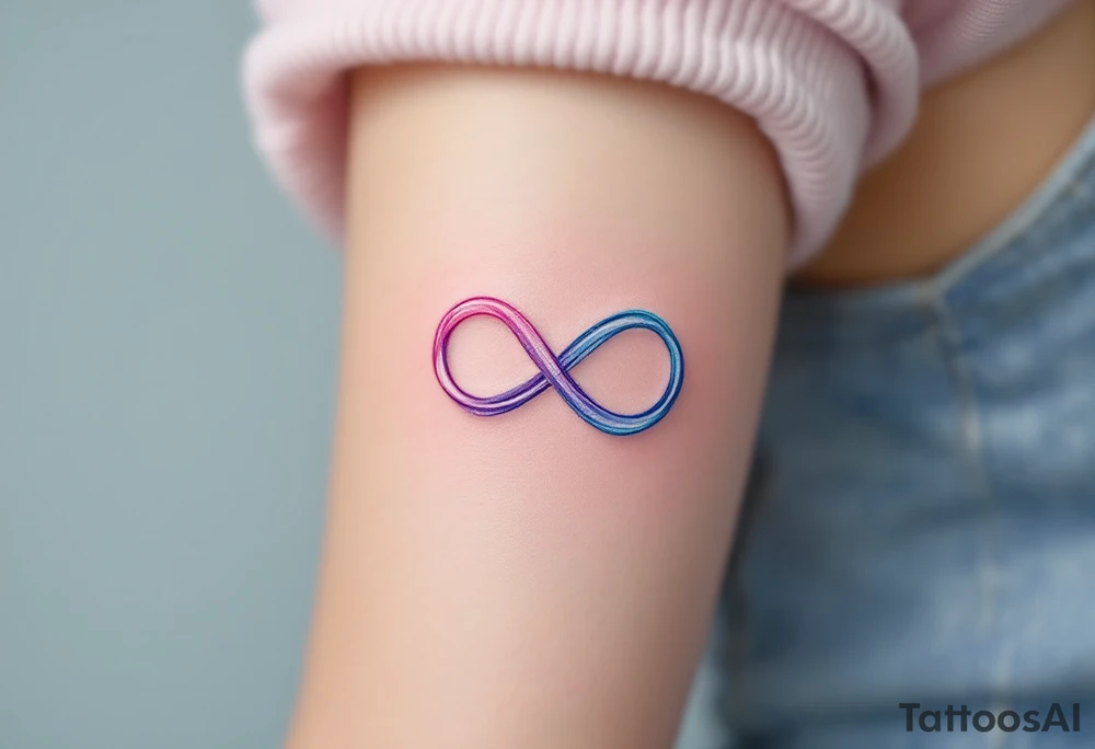 A soft pastel infinity symbol blending sky blue and pink, ending in a gentle heart shape. tattoo idea