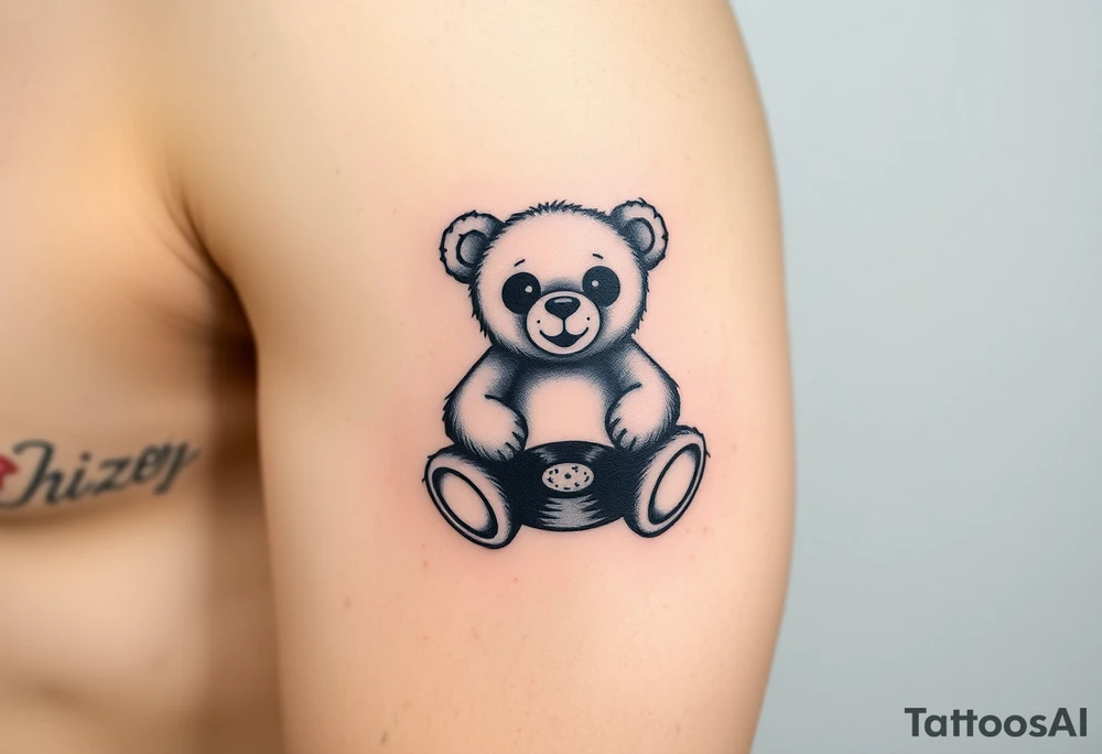 minimalist teddy bear with vinyl records as eyes smiling and sitting on a record tattoo idea