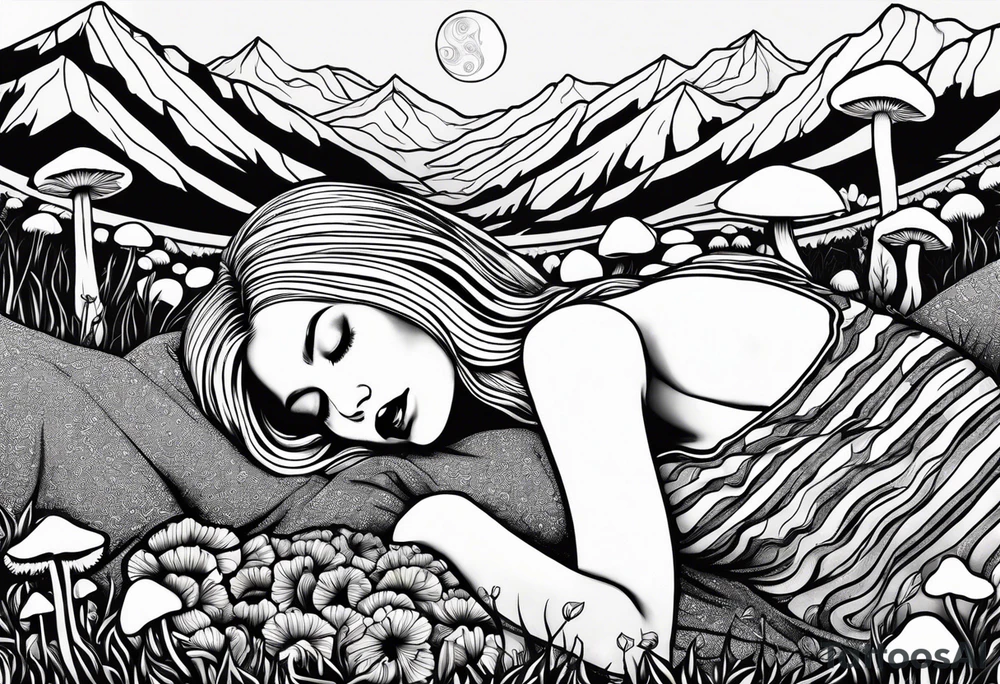 Straight blonde hair girl in black and white striped dress sleeping backward facing
in a field of mushrooms with mountains s
and crescent moon mandala background tattoo idea