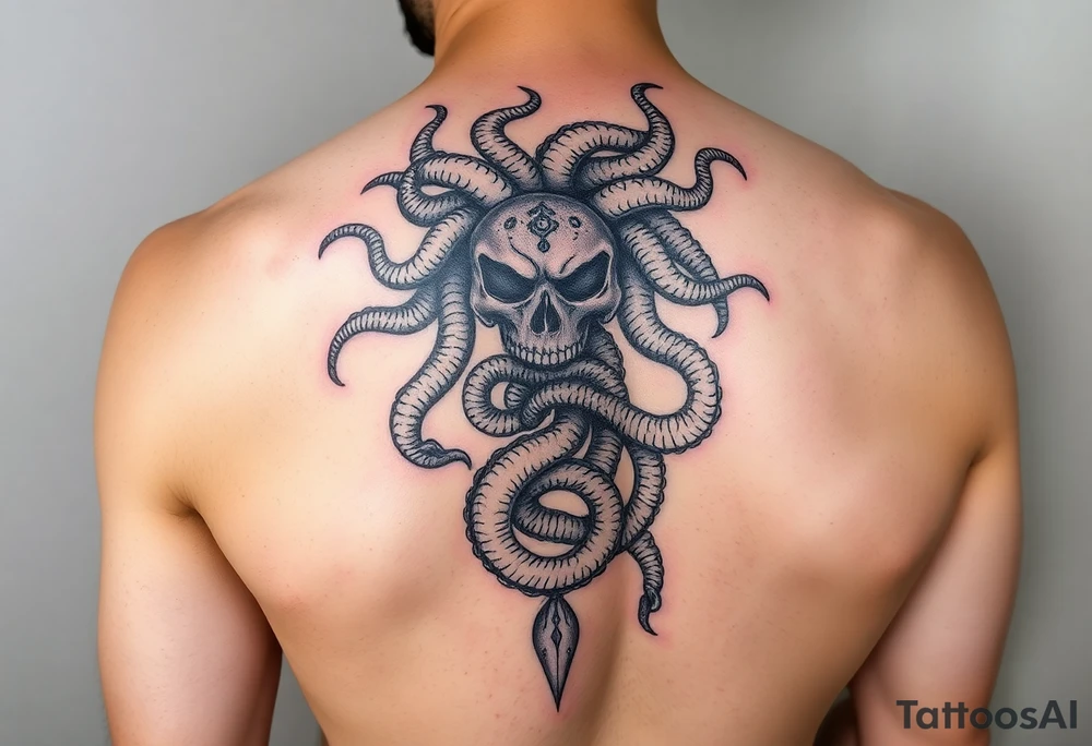 Vertical tattoo with Medusa head and coiled snakes with pirate ship with the kraken wrapped around it and poisiden at the bottom tattoo idea