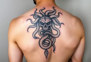 Vertical tattoo with Medusa head and coiled snakes with pirate ship with the kraken wrapped around it and poisiden at the bottom tattoo idea