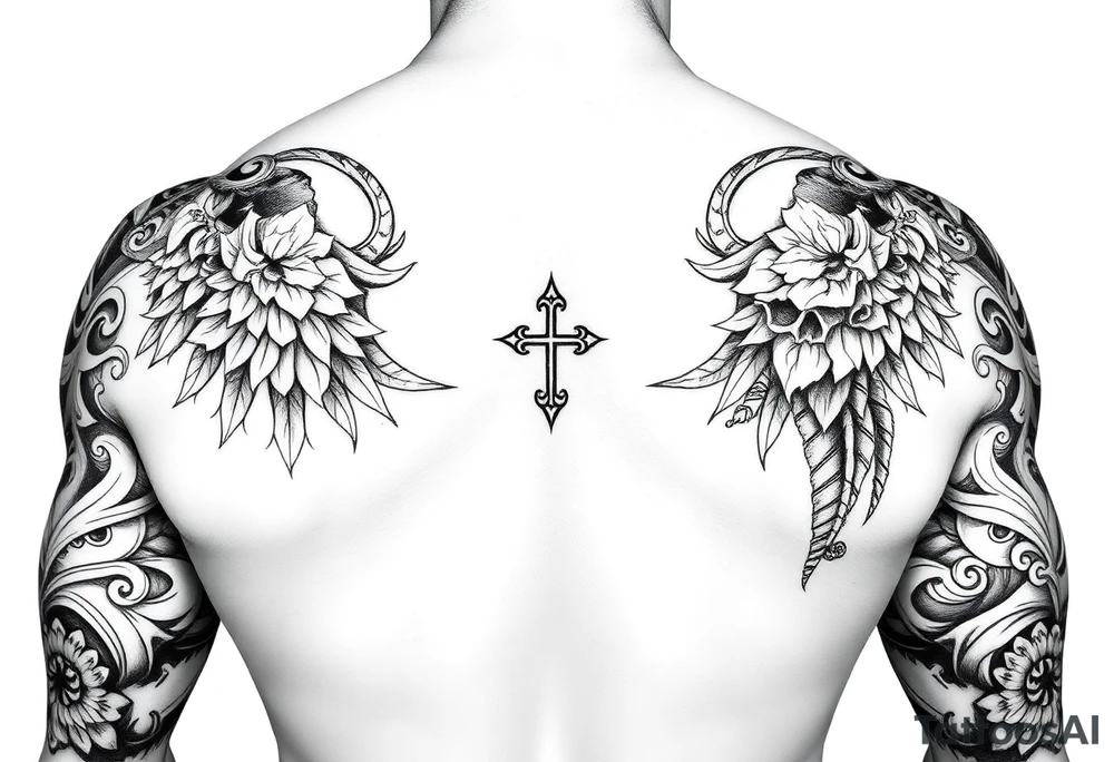 Full sleeve with Sicilian and tribal aesthetics tattoo idea
