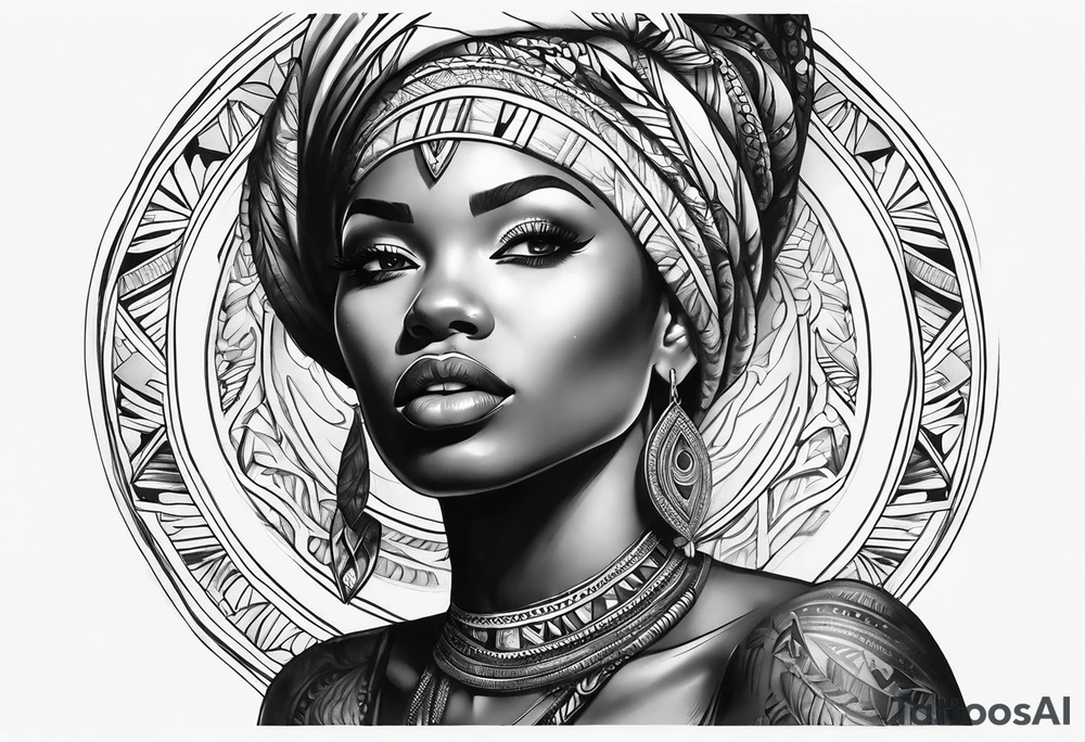 african, women face, arm sleeve tattoo idea
