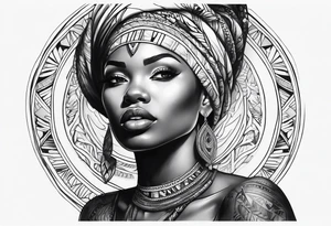 african, women face, arm sleeve tattoo idea