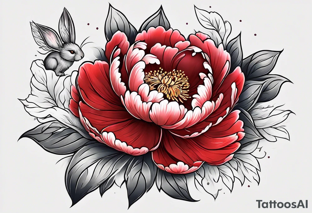 Red peony with small rabbit on petal tattoo idea