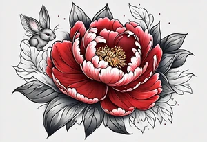 Red peony with small rabbit on petal tattoo idea