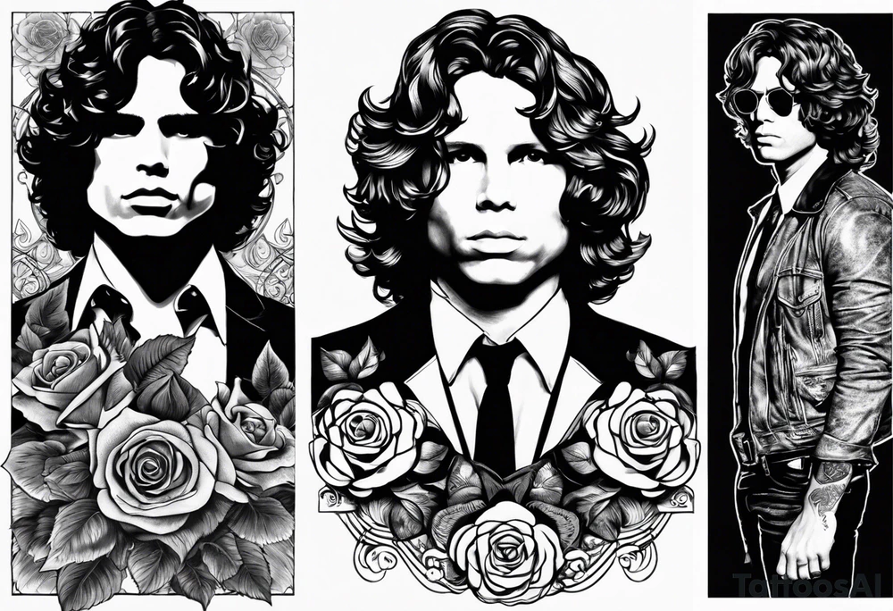 would like a black and white sleeve feautiring Jim Morrison (existing)
 on the upper arm, would like roses and psychadelic shapes in between, Hendrix's guitar, Joplins glasses and Johhn Cash portrait

As a sleeve design for the left arm tattoo idea