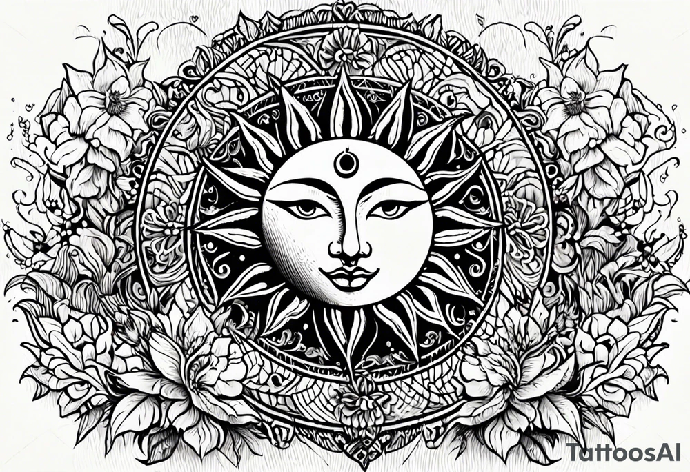sun moon floral no shading or shadowing tattoo idea