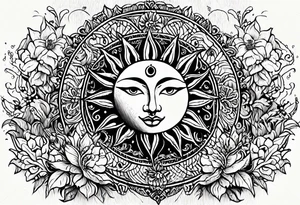 sun moon floral no shading or shadowing tattoo idea