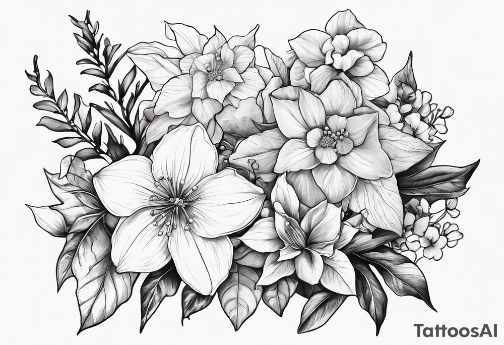 Hydrangea, Narcissus, Poinsettia, Holly, Gladiolus, Poppy, Daisy, Sweet Pea floral bouquet tattoo idea