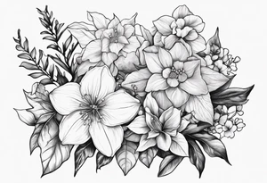 Hydrangea, Narcissus, Poinsettia, Holly, Gladiolus, Poppy, Daisy, Sweet Pea floral bouquet tattoo idea