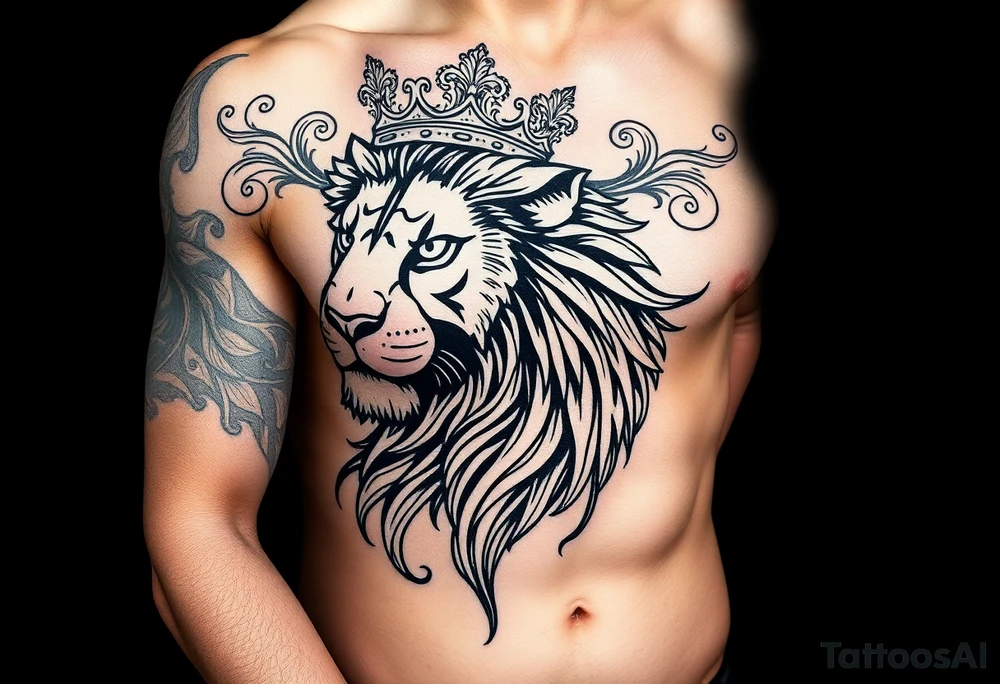 majestic lion wearing ornate crown, surrounded by baroque flourishes tattoo idea
