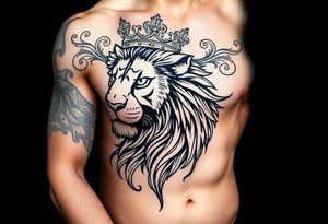 majestic lion wearing ornate crown, surrounded by baroque flourishes tattoo idea