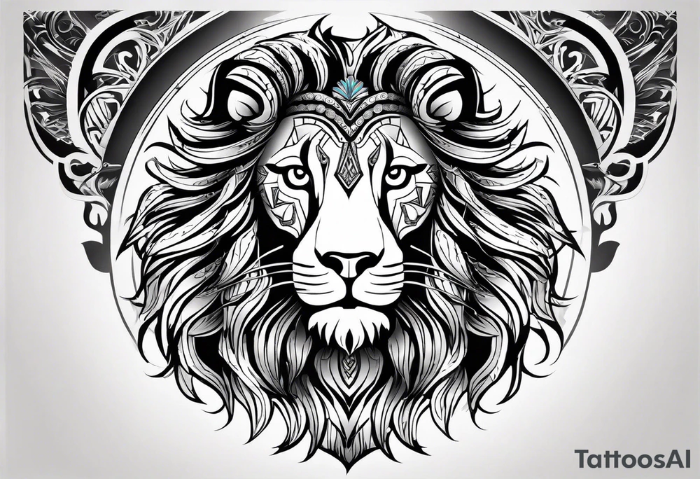 arm sleeve. for a man. tribal tattoo style, symmetric, white background. Include a realistic lion tattoo idea